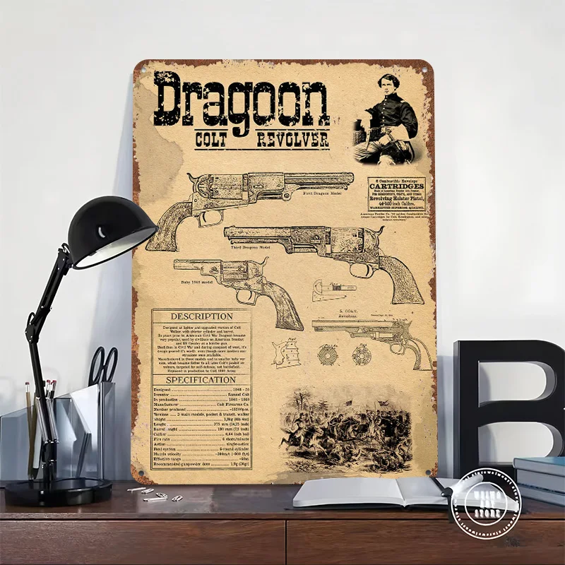 Colt Dragoon Revolver Printed Poster Customized Wall Art Retro Vintage Metal Tin Signs for Home Bar Accessories House Desk Decor