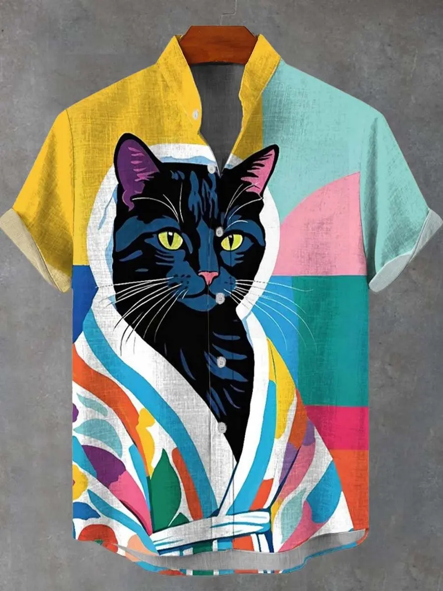 

Summer Man Shirt Animal Pattern Print Cat Shirts Casual Short Sleeve Streetwear Fashion Male Oversized Clothing Cardigan Tops