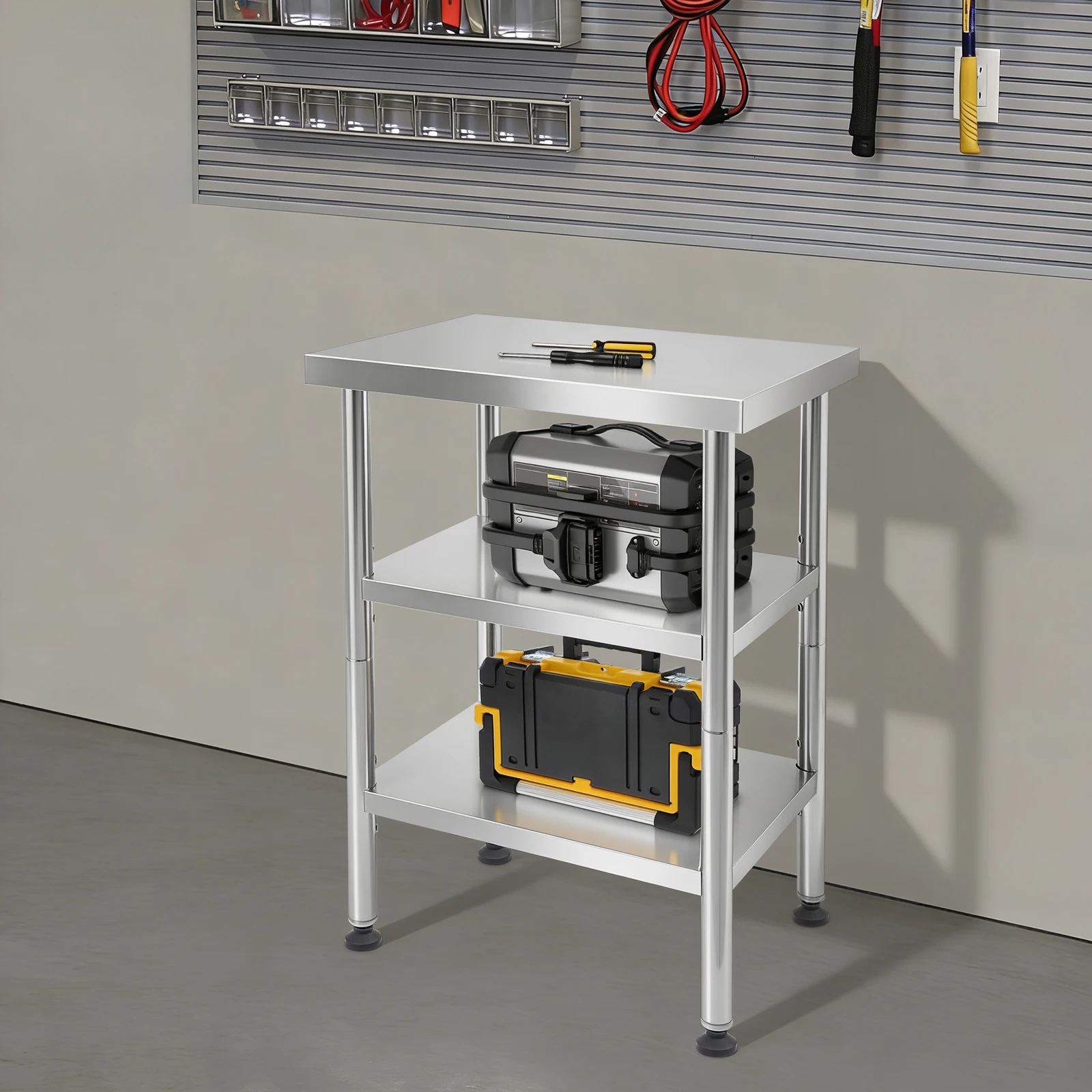 

Silver 3‑Tier Adjustable Stainless Steel Work Table 24×18×35In 425LBS Tabletop Load With 4 Universal Wheels(2 Braked)