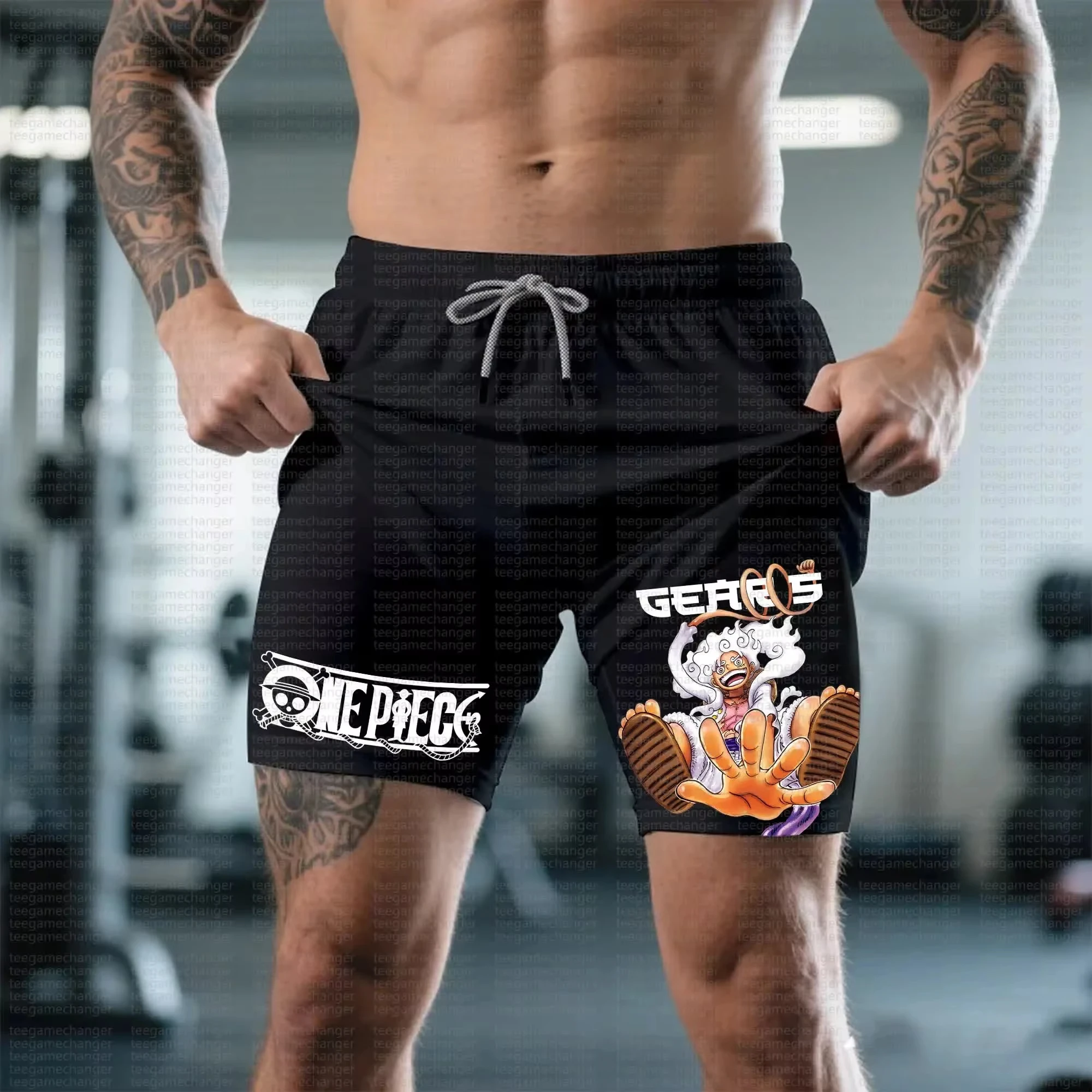 Bandai One Piece Luffy bedruckte doppellagige Shorts, lockere, schweißableitende und atmungsaktive Sportshorts für Herren und Damen im Sommer