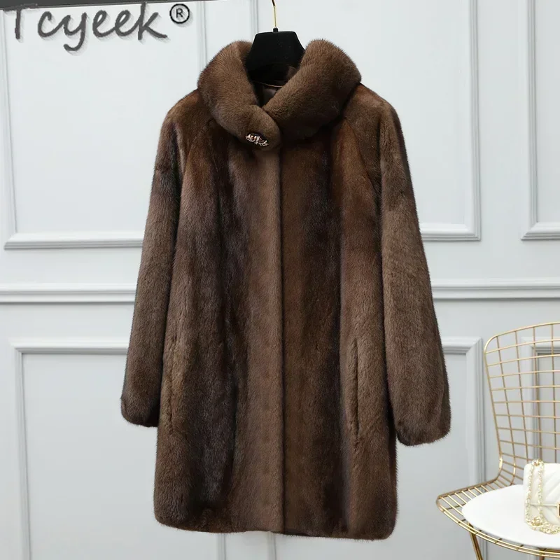 Tcyeek High-end Real Fur Coat Women 2023 Mid-long Natural Mink Fur Coats Warm Winter Women's Fur Jackets Elegant Fourrure Femme