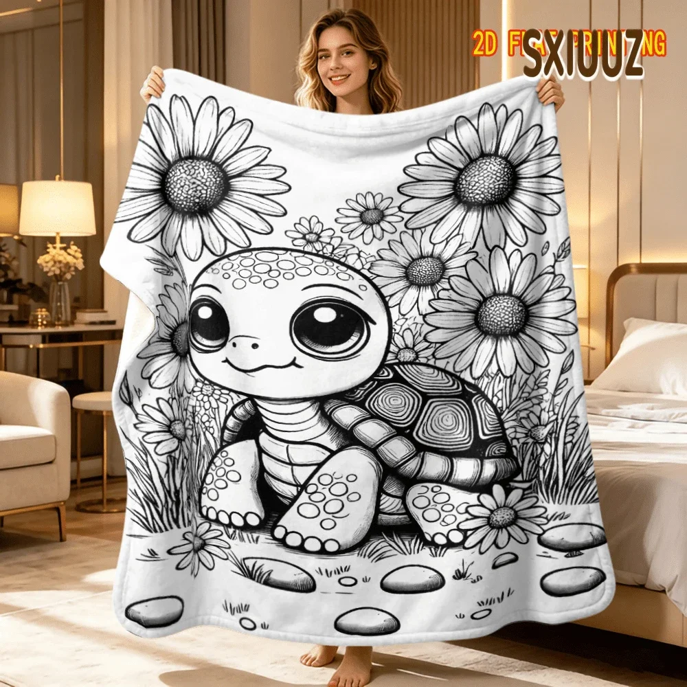 Floral Turtle Sketch Fleece Blanket Hand Drawn Cute Tortoise Daisy Print Warm Throw Blanket for Adult Nature Home