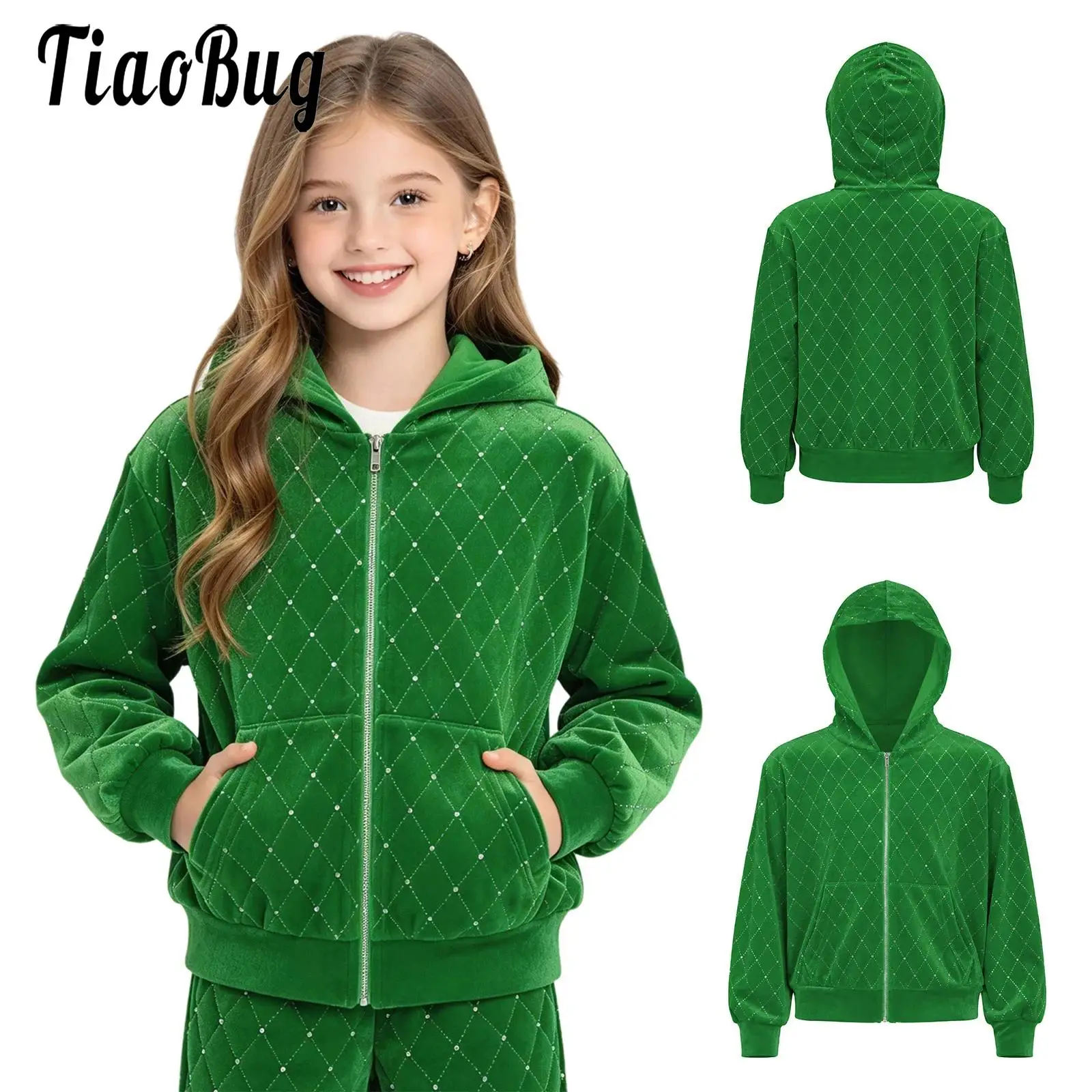 Kids Girls Metallic Rhombus Velvet Hooded Jacket Long Sleeve Zipper Front Hoodie Outerwear for Christmas Birthday Holiday Event