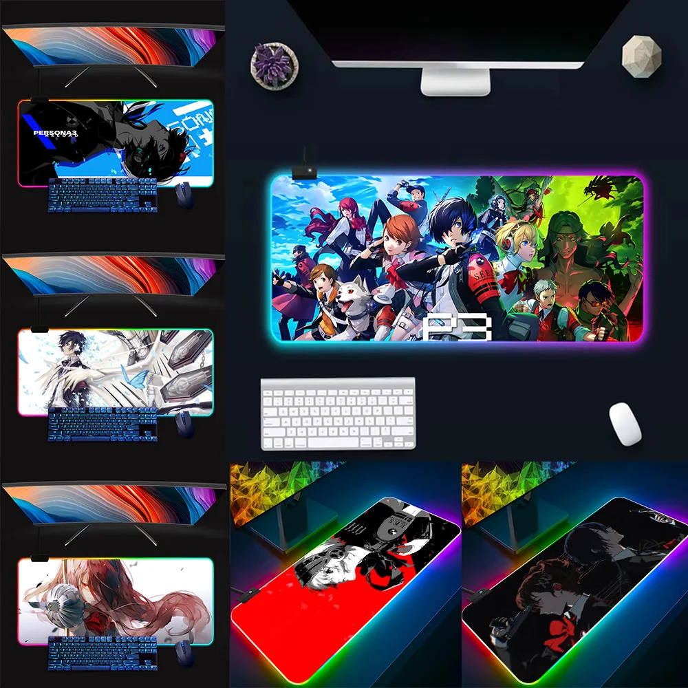 P-Persona 3 RGB Pc Gamer Keyboard Mouse Pad Mousepad LED Glowing Mouse Mats Rubber Gaming Computer Mausepad