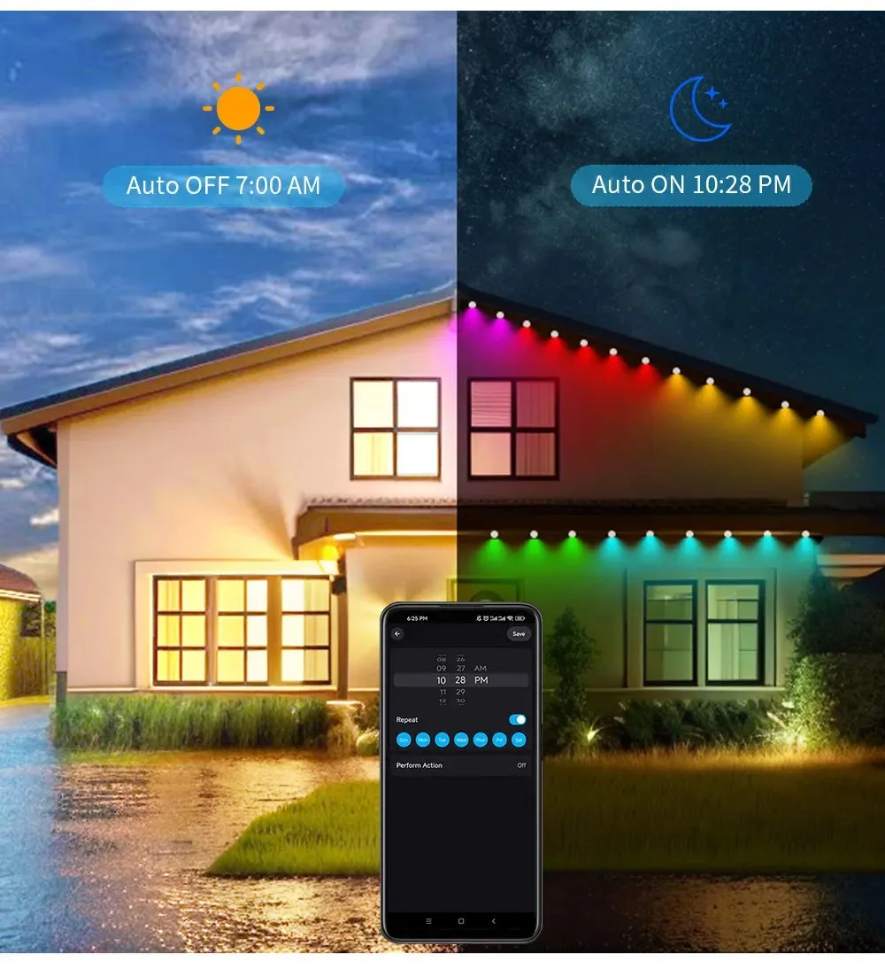 Trwałe światła zewnętrzne z 90 diodami LED Eaves Lights Smart App/Remote RGB Light String DIY Scene Modes Full House Holidays Decor