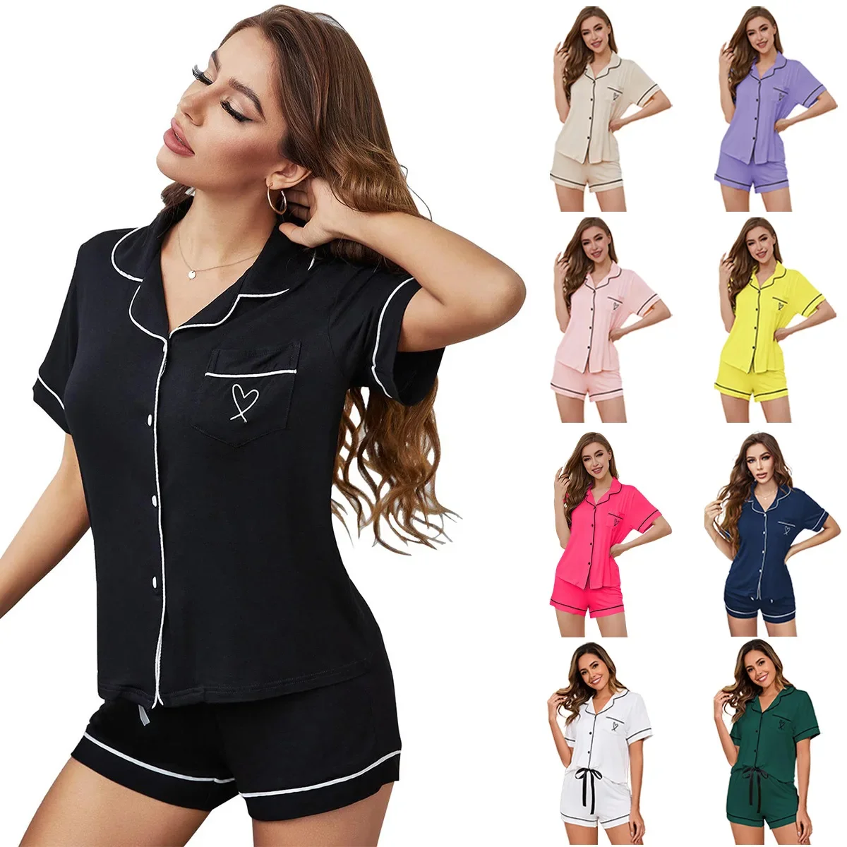 Summer Female Pajamas Home Clothes Set Black Short Sleeve Shorts Pijamas Suit Women Loose Nightshirt Loungewear