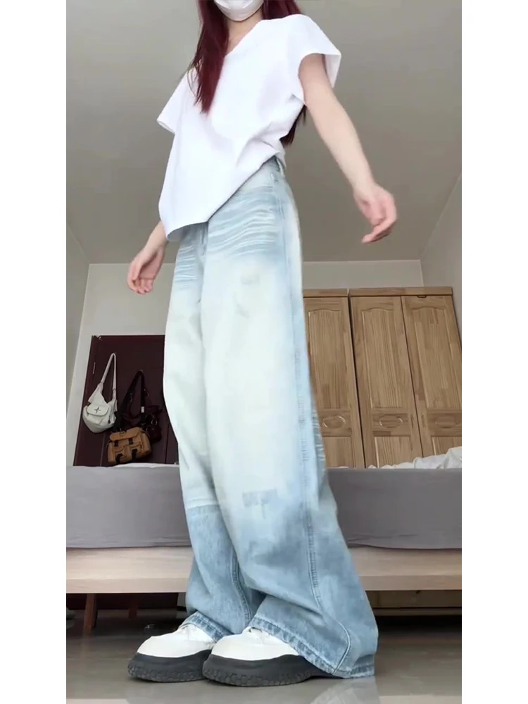 하이웨이스트 와이드 레그 아메리칸 웨이드 디스트레스드 데님 진 여성 가을 겨울 루즈 스트레이트 컷 롱 팬츠 여성용 청바지