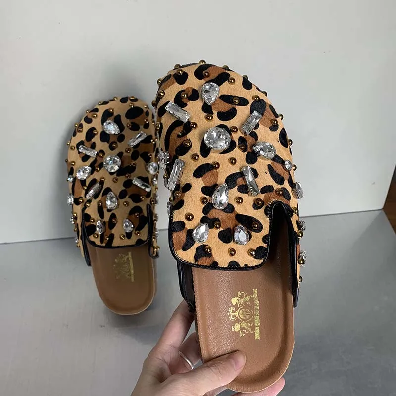 Women Shoes Leopard Mules Flat Slippers Rhinestones Slides 2024 Summe New Thick Sole Casual Luxury Shallow Flat Slippers