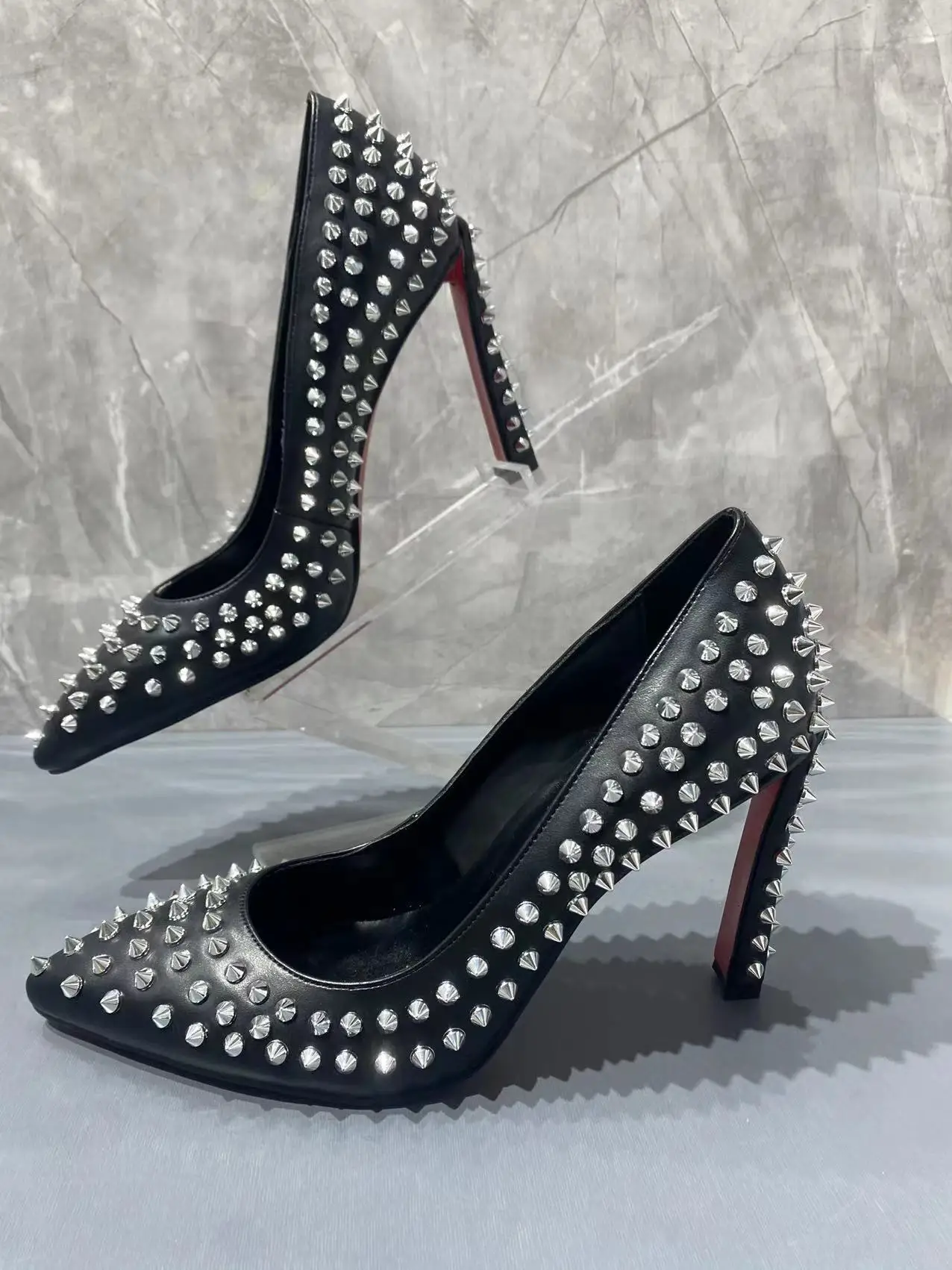 American Fashion Sexy Women's Shoes Outdoor Slim Heels High Heels Rivets Plum Red Shoes Silver Nails Sandalias Femininas