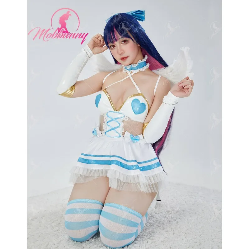 Mobbunny Women Sexy Sky Blue Lingerie Set V-neck Mesh Bodysuit and Skirt with Wings Sleeves Cosplay Costume - Image 2