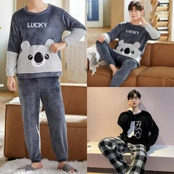 2PCS/Set Autumn and Winter Thickened Warm Coral Velvet Men Pajamas Long-Sleeved Loungewear Soft Casual Plus Size O-neck Homewear