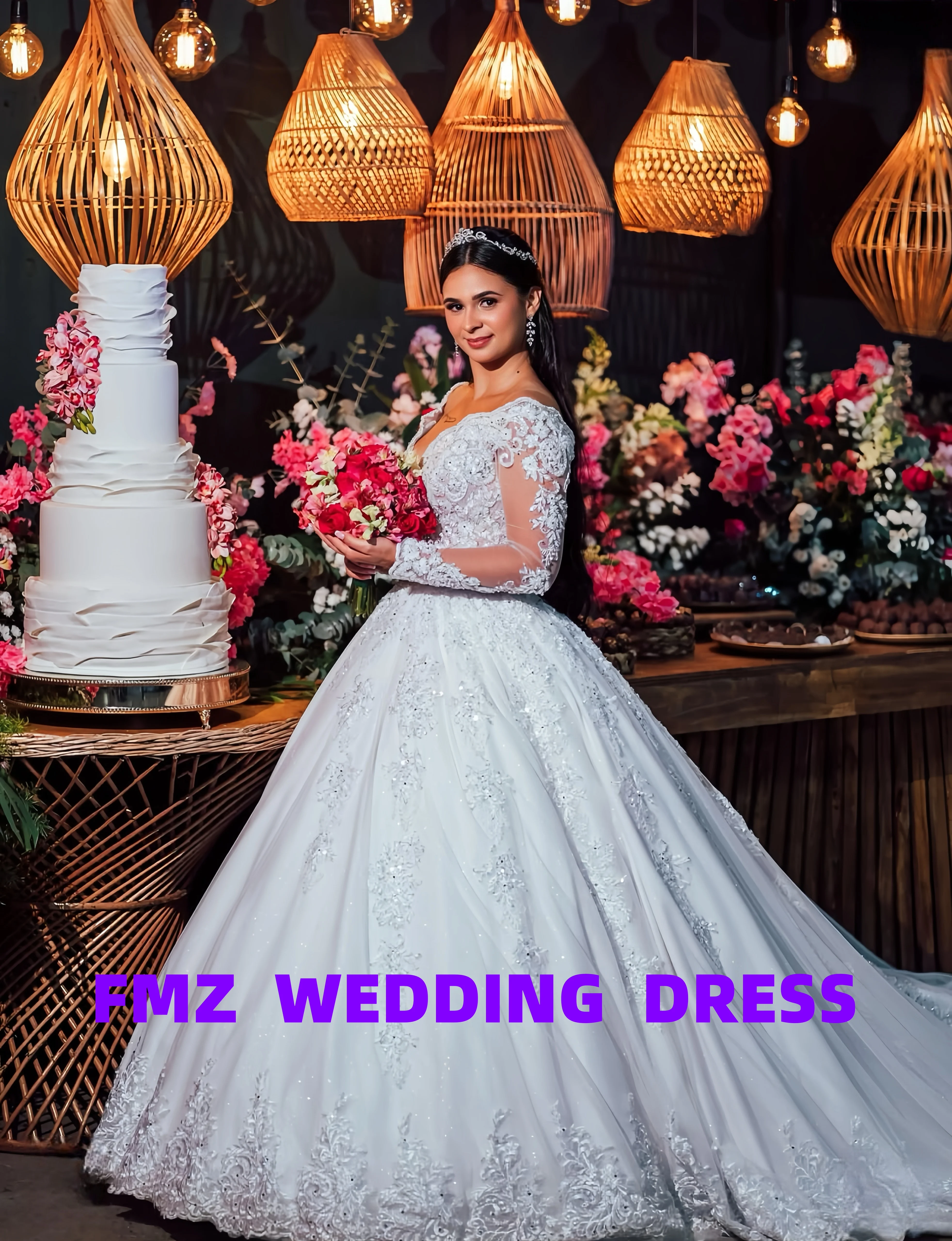 Vestido de baile de manga larga con cuello en V personalizado, vestidos elegantes de novia, vestidos para mujer, bata de mariee