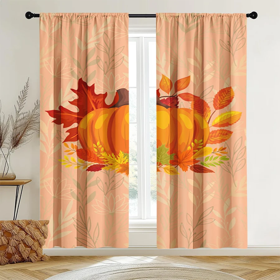 2PCS Digital Print Curtain, Large Pumpkin with Fall Leaves, Orange Background Autumn Style for Living Room Bedroom Decor