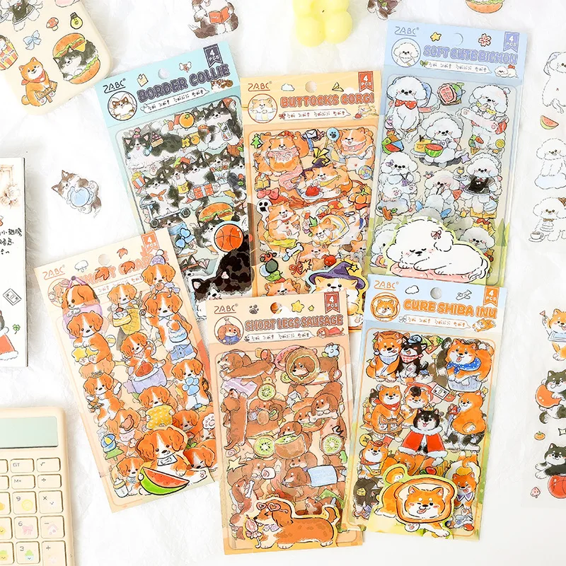 4 Sheets Kawaii Cartoon dog Stickers Creativity Decorative Stick Labels DIY Diary Album Scrapbooking accessories Craft Supplies