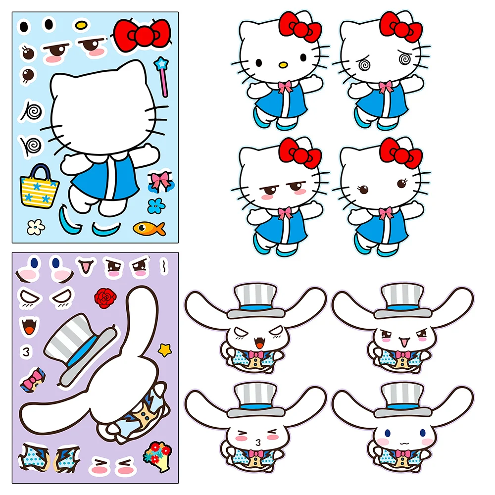 6/12Sheets Cute Sanrio Puzzle Anime Stickers Melody Hello Kitty Make-a-Face Assemble Fun Cartoon Decal Assemble Jigsaw Kid Gift