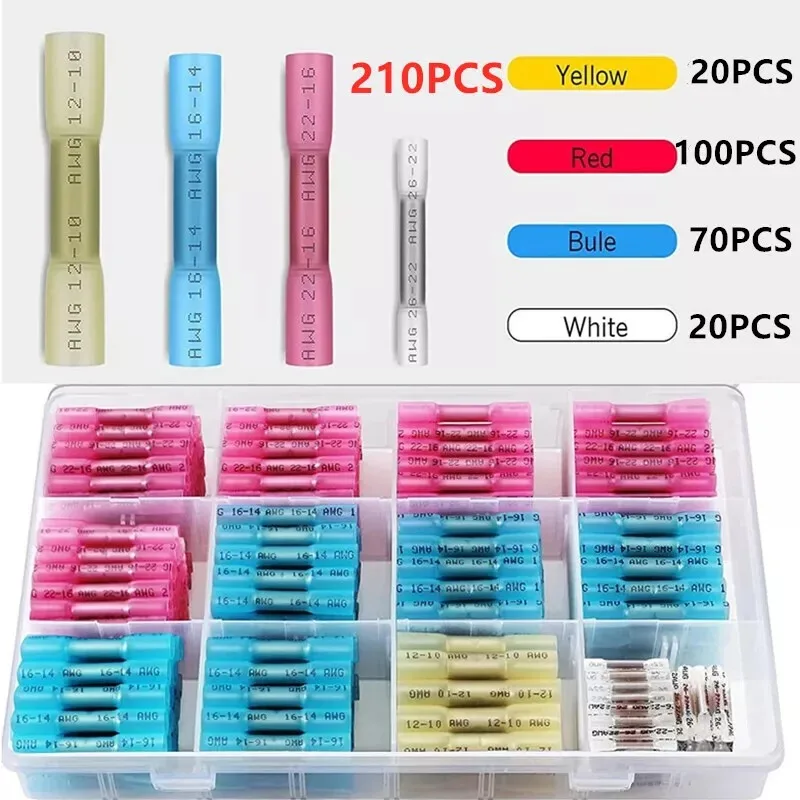 

210Pcs Insulated Heat Shrink Butt Crimp Terminals Kit Electrical Wire Connectors Butt Splice Cable Connectors Tube Terminals