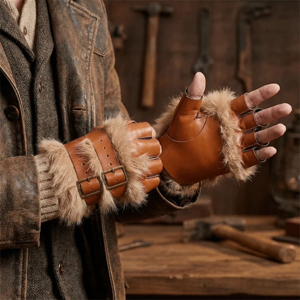 Vintage Faux Fur Fingerless Gloves Furry Warm PU Leather Mittens Adjustable Buckle Realistic Gauntlet Role‑play Party