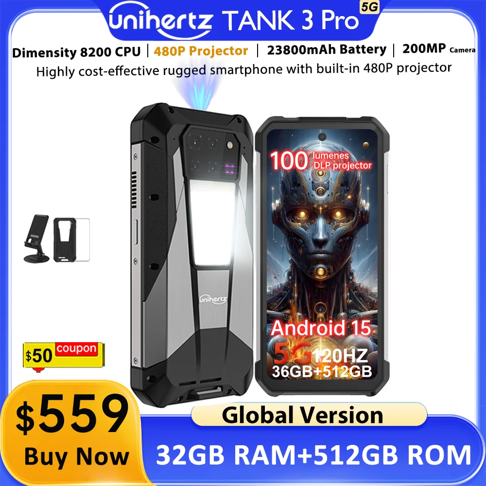 Unihertz Tank 3 Pro 8849 with 100 Lumens 120Hz Projector ,32GB/36GB RAM,512GB ROM,23800mAh 120W Fast Charger,5G,200MP Camera