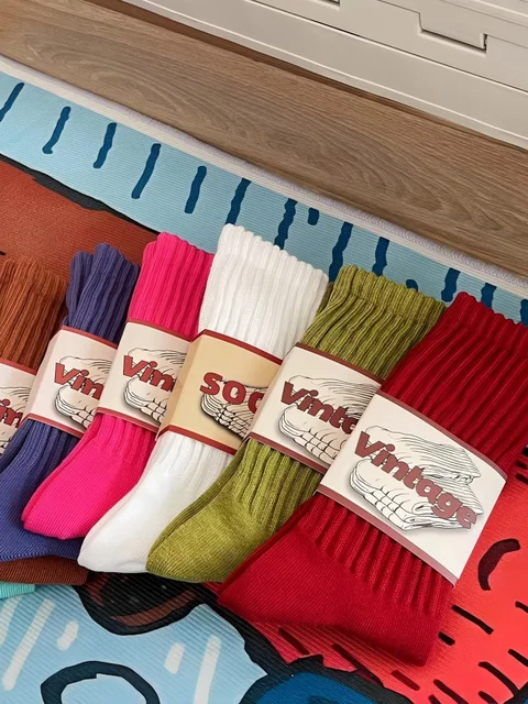 Męskie i damskie grube skarpety bawełniane do połowy łydki, jednokolorowe, vintage, grube, długie, w stylu retro amerykańskim.