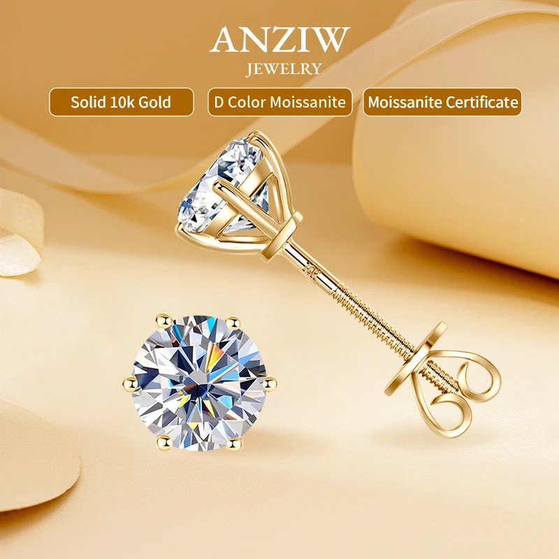 

Anziw Real Gold 10K Stud Earrings Moissanite 1ct 6.5mm D Color Screw Back Six Claws Earrings for Women Men Classic Gold Jewelry