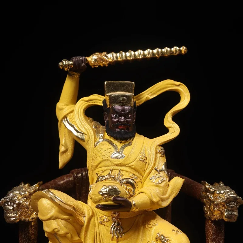 Hand Carved Wooden Painted Gilded Zhao Gongming Statue Riding Tiger - Five Roads Wealth God Ornament Feng Shui Home Office Desk
