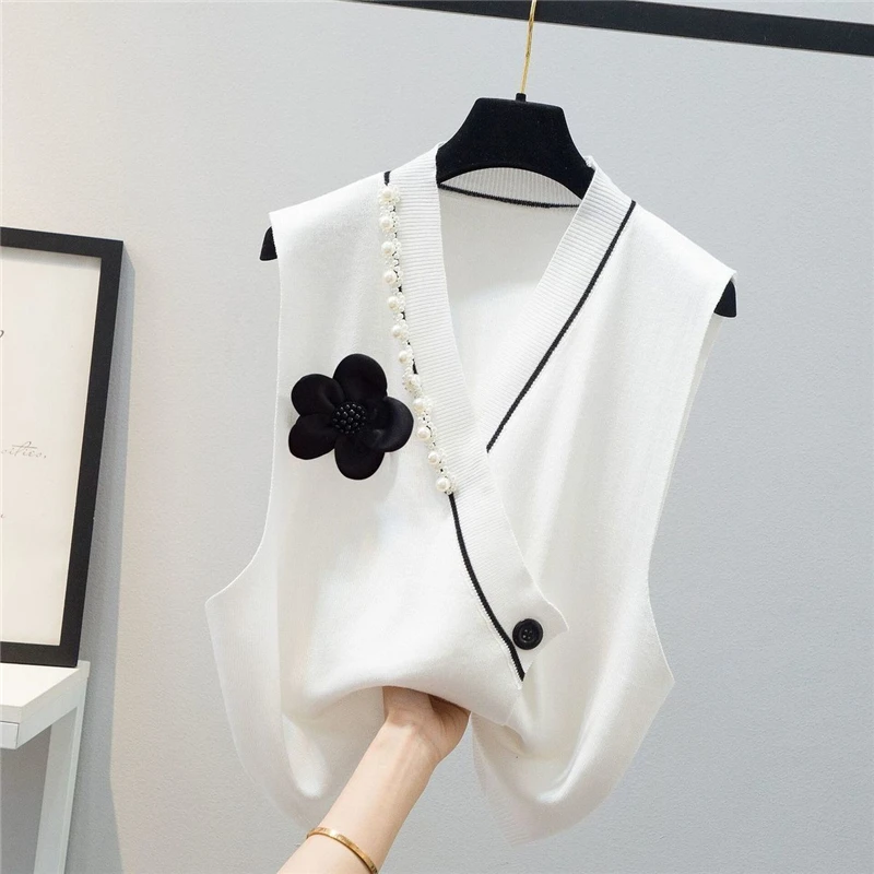 Spring Autumn Fashion V-neck Elegant Chic Beads Sleeveless Knitted Sweater Vest Casual Street Solid Loose Pullovers Top Female