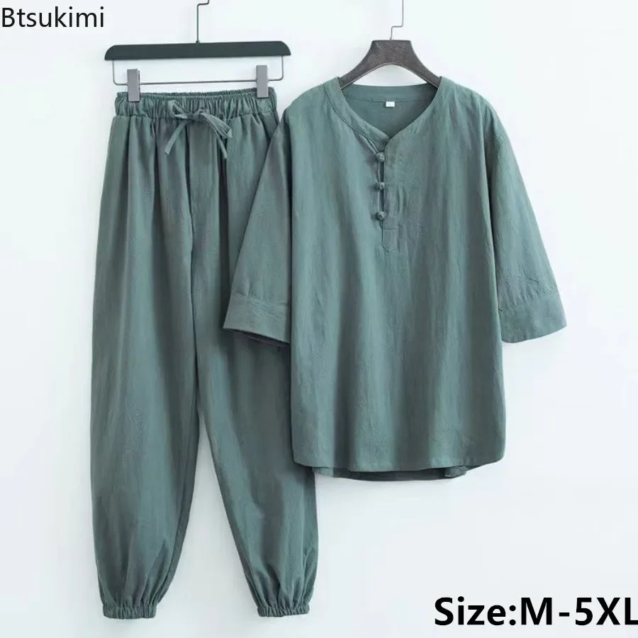 

New Men's Cotton Linen Sets Chinese Style Solid Short Sleeve Pants Two Pieces Traditional Clothes Kung Fu Uniform Tang Suit Male