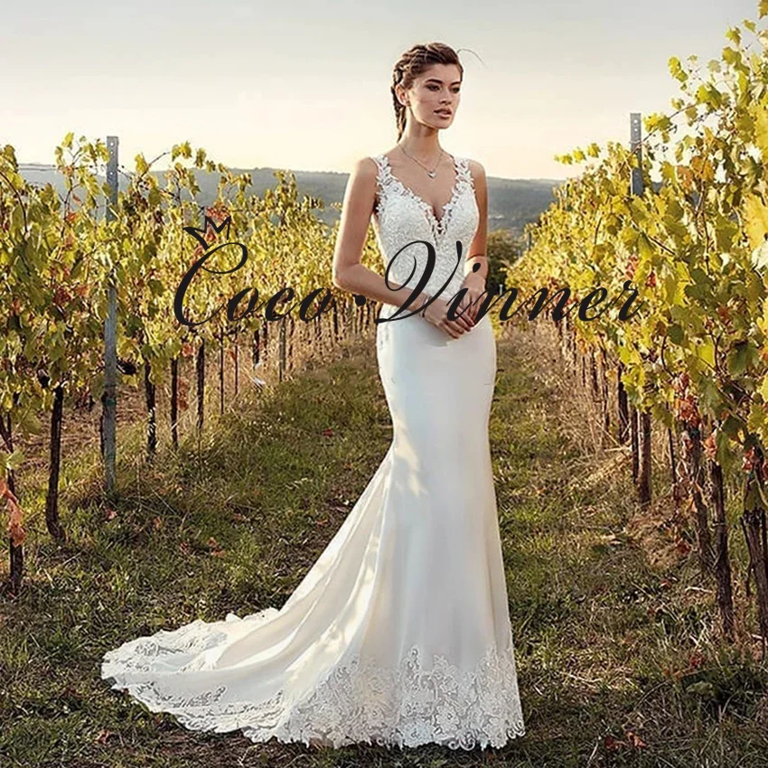 Vestido de novia personalizado con cuello en V, ilusión en la espalda, sirena, Apliques de encaje, tren de barrido, vestidos de novia hechos a medida W1130