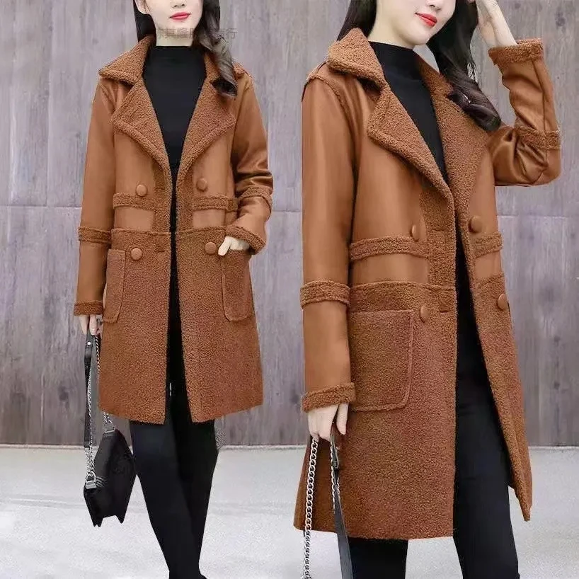 Large Size Jacket Women's New Two-Sided Fur Coat Autumn Winter 2025 Lambswool Outerwear Long Padded Overcoat Ladies Leather Tops