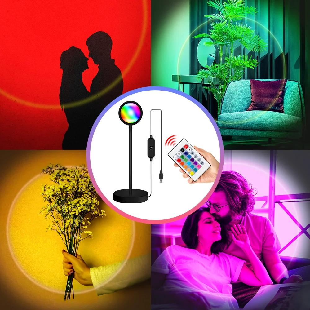 Lampe LED de coucher de soleil en forme d'arc-en-ciel, projecteur USB, lumière d'ambiance à intensité réglable, idéal pour une chambre à coucher