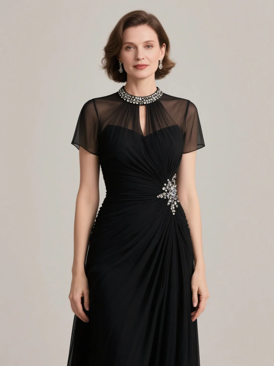 

Elegant Chiffon High Neck A-Line Mother of the Bride Dress Floor Length Short Sleeves Sequin Evening Dress 2025 Free Customized