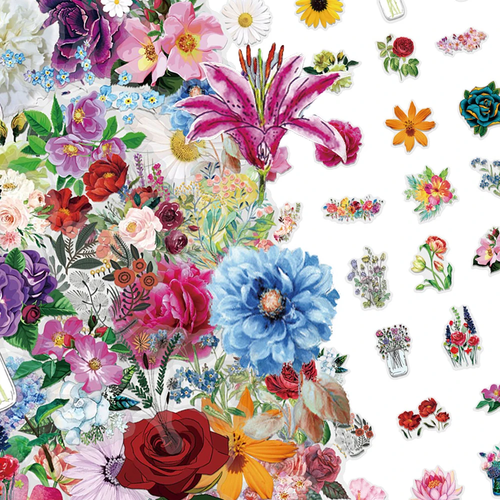 

10/30/60pcs Transparent Beautiful Colorful Flowers Stickers Cartoon Aesthetic Decals Scrapbook Phone Luggage Waterproof Sticker