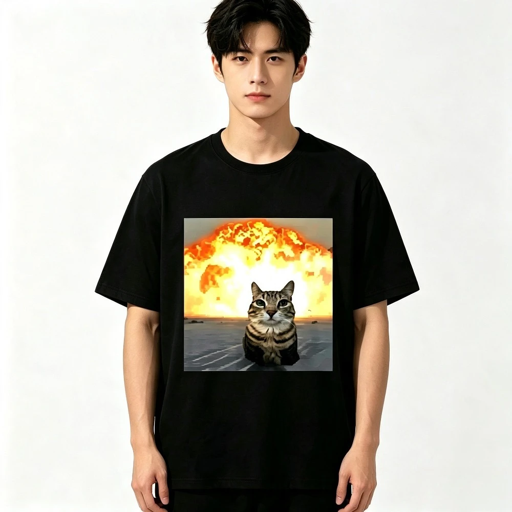 Retro Funny Cat Explosion Meme Graphic T Shirt Men Women Y2K Short Sleeve Tee Halloween Christmas Gift Tops