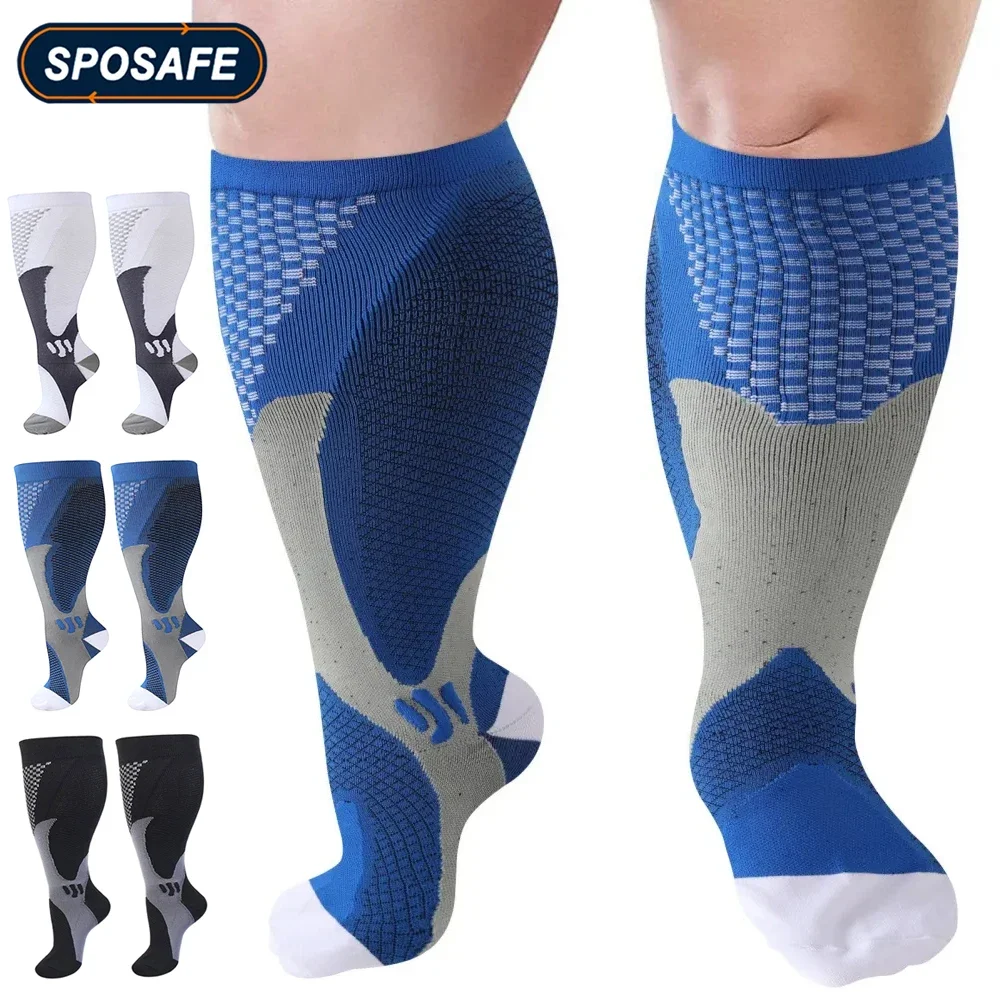 1Pair 2XL-7XL Plus Size Compression Socks Wide Calf Women Men Knee High 20-30Mmhg Blood Circulation for Swelling Running Cycling