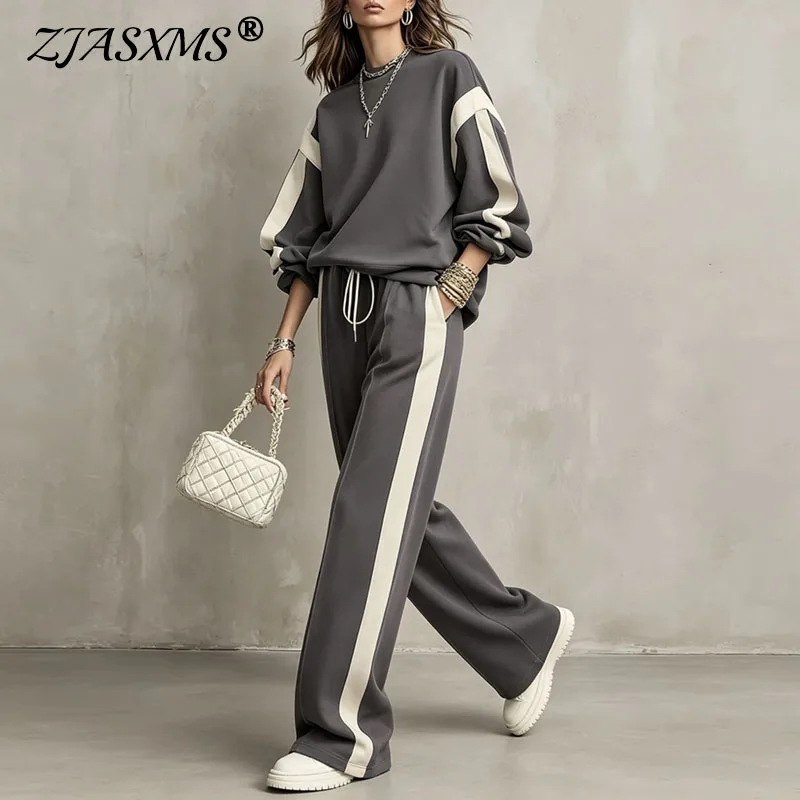 Crew Neck Color Block Two Piece Set Women Stripe Long Sleeve Top & Drawstring Wide Leg Pants Outfits Casual Loungewear Tracksuit
