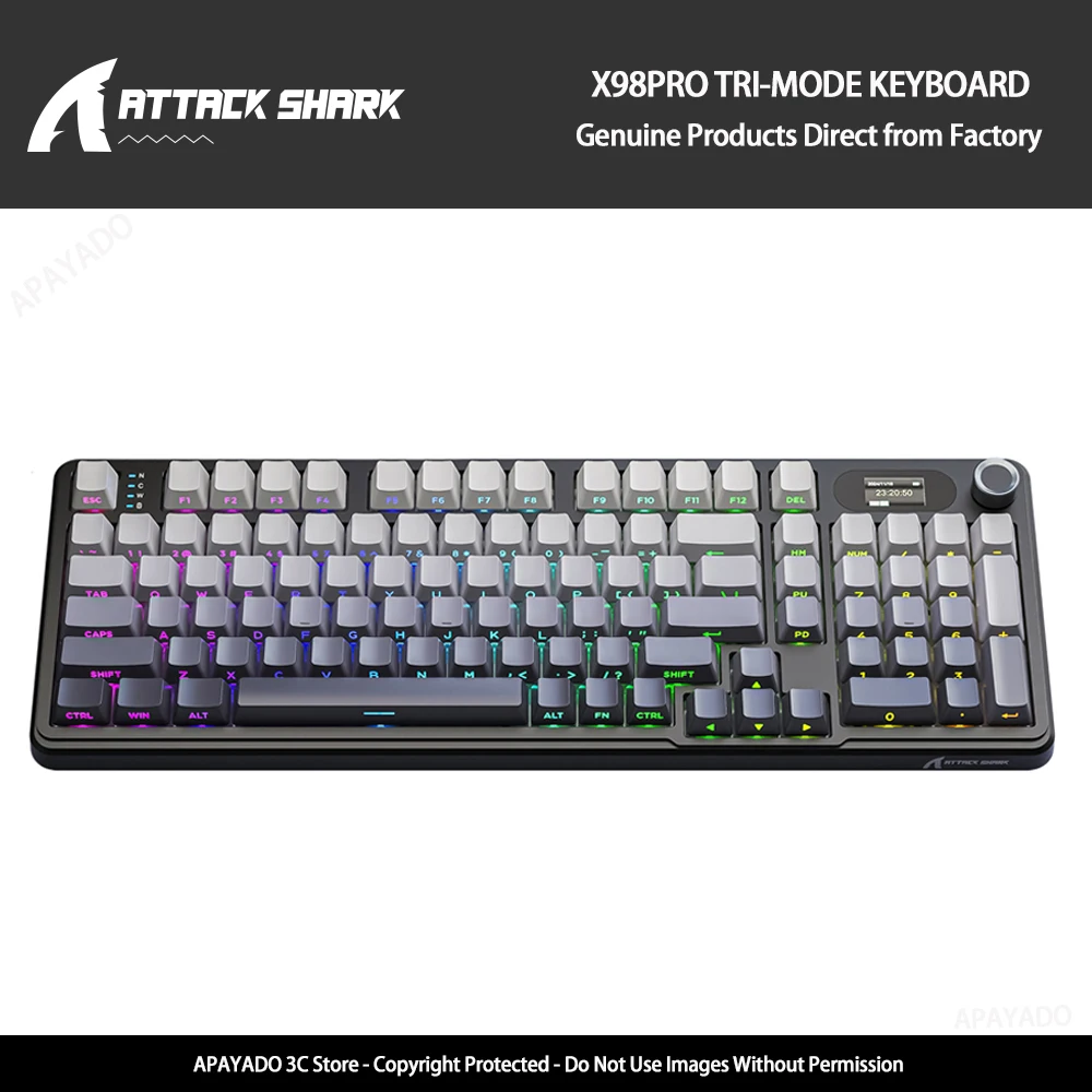 

Attack Shark X98Pro Tri-Mode Mechanical Keyboard|RGB|Full Hot-Swap|TFT Color Screen CNC Metal Knob|98 Keys Gasket Structure