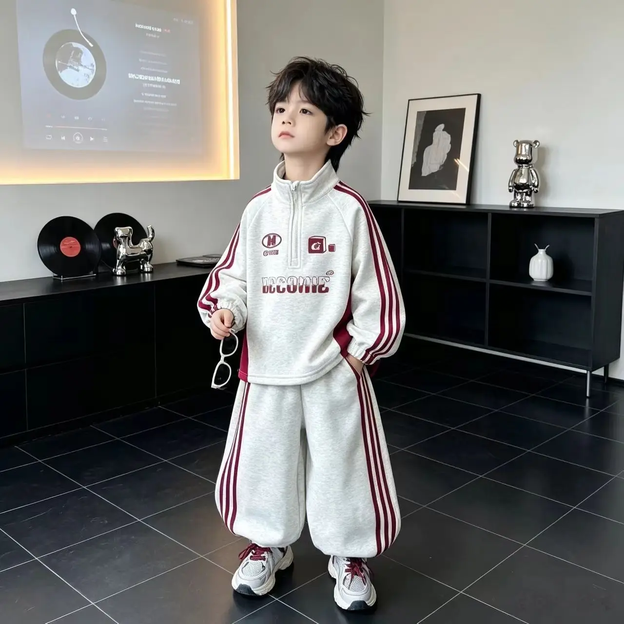 Toddler Boys 2 Piece Sets 2026 Fall New Korean Style Casual Half Zipper Hoodie Sportswear Loose Kids Clothing