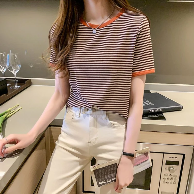 Women's T-shirt Summer Outfit Striped Short Sleeve Slim Top Female Korean Popular Clothes Y2k Trending Clothing Style Clearance