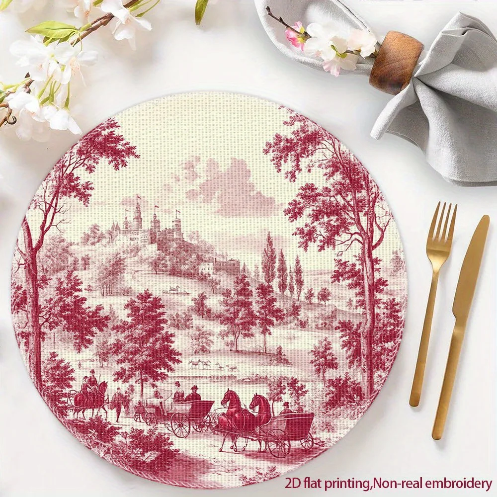 VIKAMA Toile de Jouy Tablecloth Set of Four English Country Style Design Suitable for Dining Room, Kitchen, and Home Decor