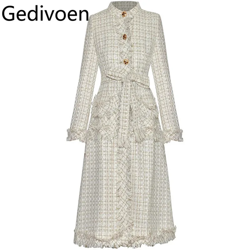 Gedivoen New Fashion Women's Autumn and Winter Coat Stand Collar Single-Breasted Long Sleeved Lace-Up Elegant Overcoat