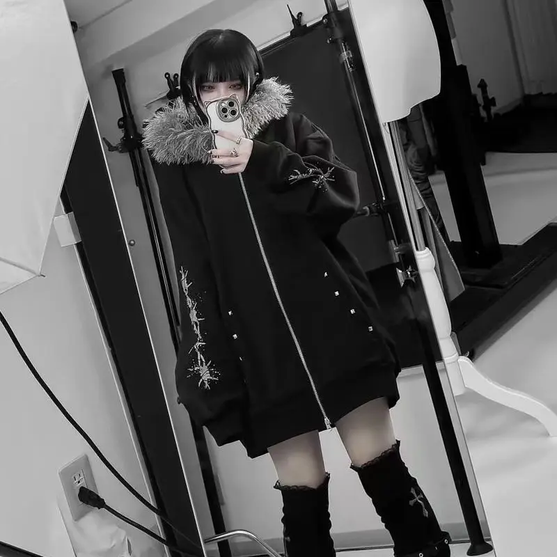 Japan Dark Gothic Fur Patchwork Hooded Coat Y2k Aesthetic Women Print Oversized Hoodies Csual Grunge Double Zippers Sweatshirts