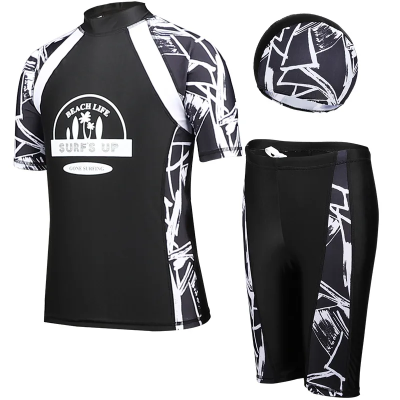 Children Swimwear 3-Piece Boys Rash Guard Quick-Drying Soft Swim Trunks Cap Swimsuit Short Sleeve Sports Bathing Suit