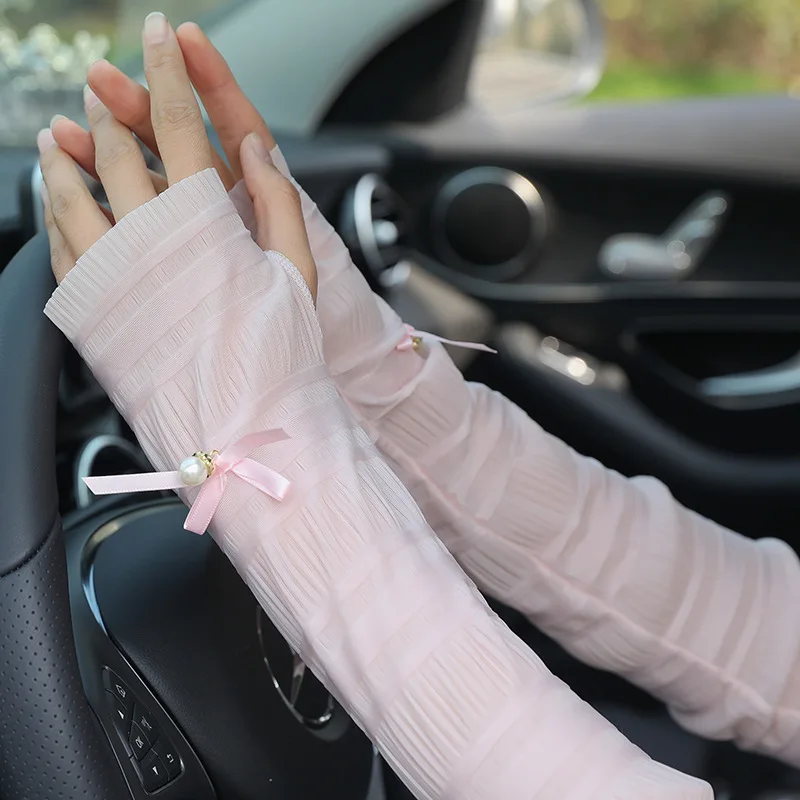 Arm Sleeves Gloves Sun Protection Ice Silk Bubble Fabric Pearl Women Long Thin Summer Cycling Breathable Multicolor