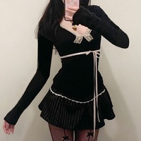Lamuusaa Fairy Grunge Top y2k Women Clothes Lace Trim V Neck Long Sleeve T Shirt with Bow Coquette Clothing 2000s Streetwear