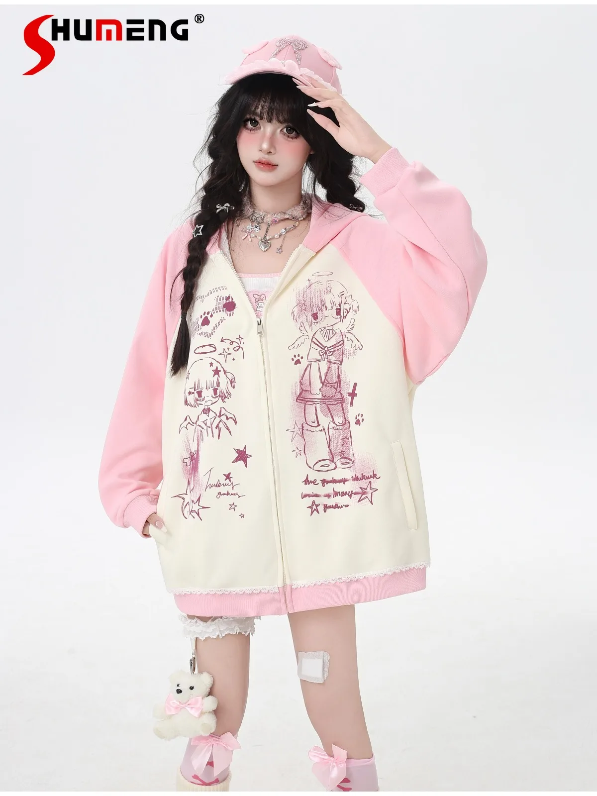 

Толстовки в японском стиле, милые и крутые субкультуры, аниме, толстовки с мультяшным принтом, свободные универсальные повседневные толстовки на молнии, женские осенние куртки