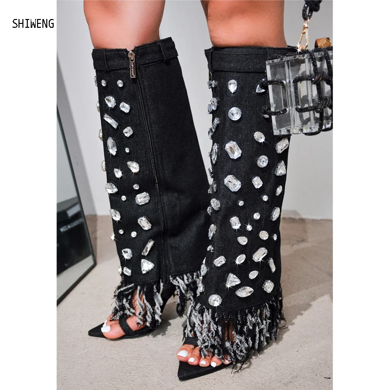 

2024 New Pants long Cowgirls Cowboy Boots Crystal Knee High Heel Boots Mujer Oversize Denim stilettos Shoes for Women 43