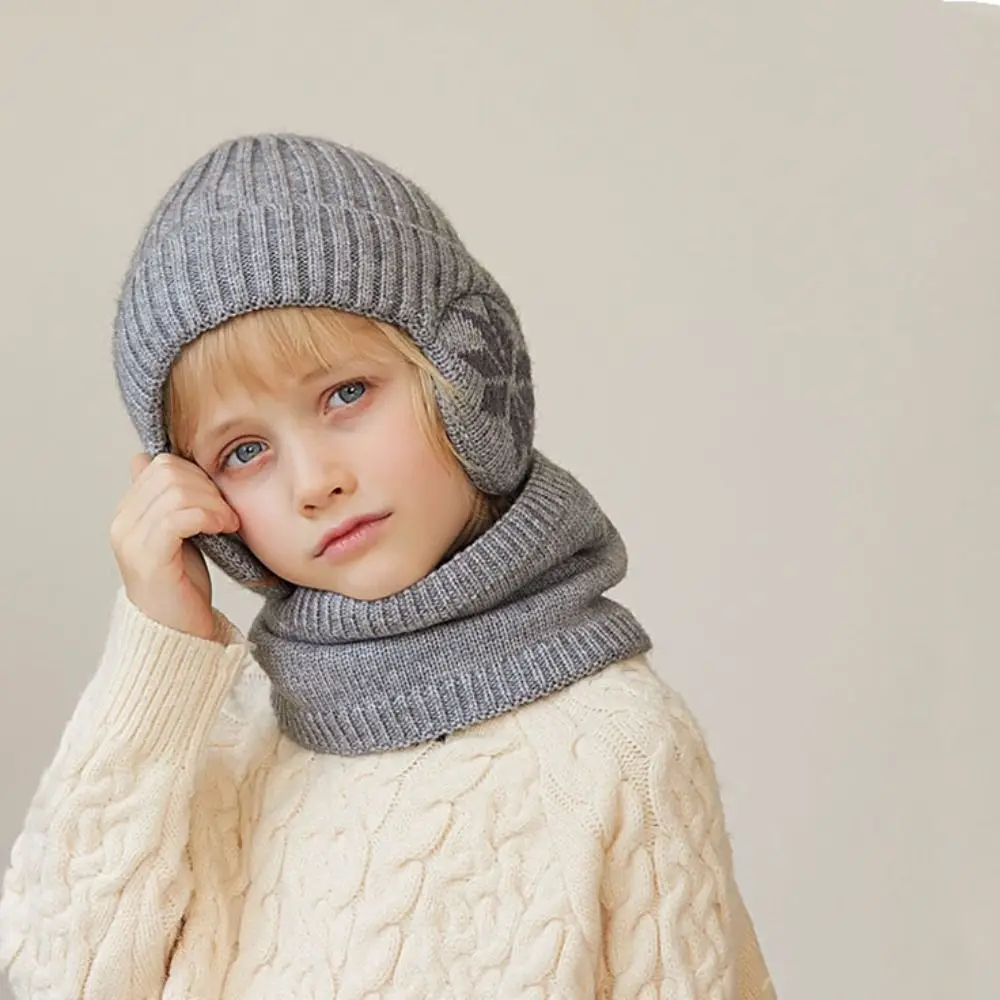 2pcs Solid Color Ear Protection Wool Caps Earflap Coldproof Scarf Hat Set Windproof Thickened Children Knitted Beanie Children
