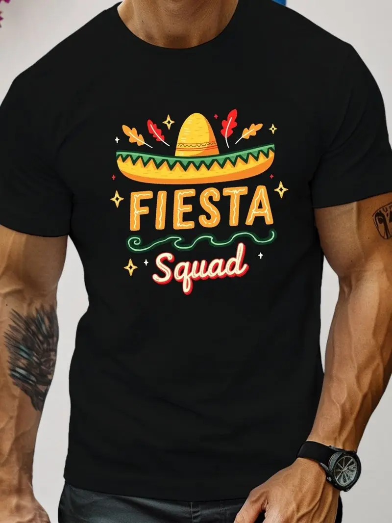 Fiesta Squad Sombrero Print Men's T-Shirt Vibrant Mexican-Themed Design Crew Neck Short Sleeve Lightweight Summer Casual Top