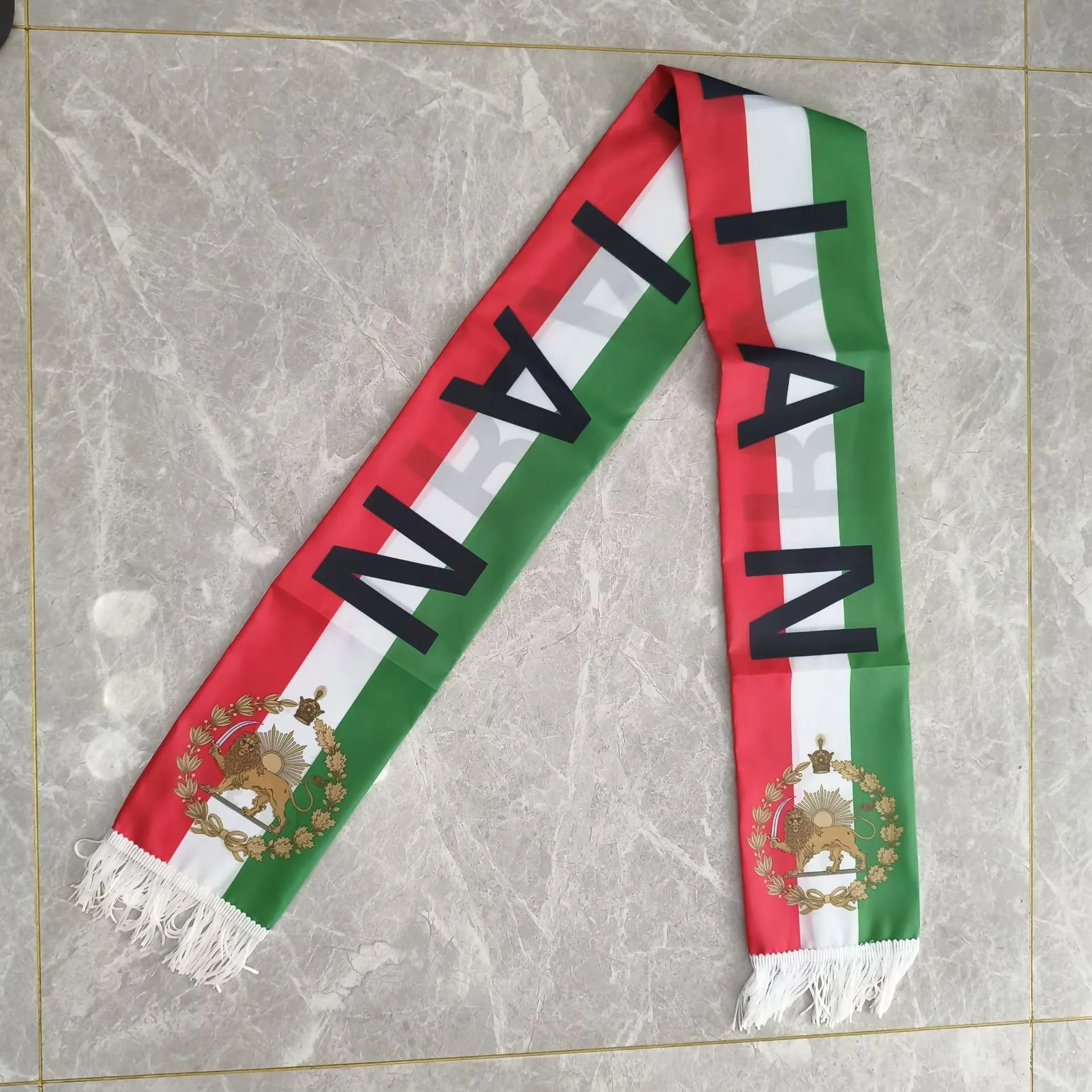 Aerlxemrbrae 15x150cm Iran Flag Historic Lion Crown Scarf Double Printed Satin Iran Flag Scarf Tassels