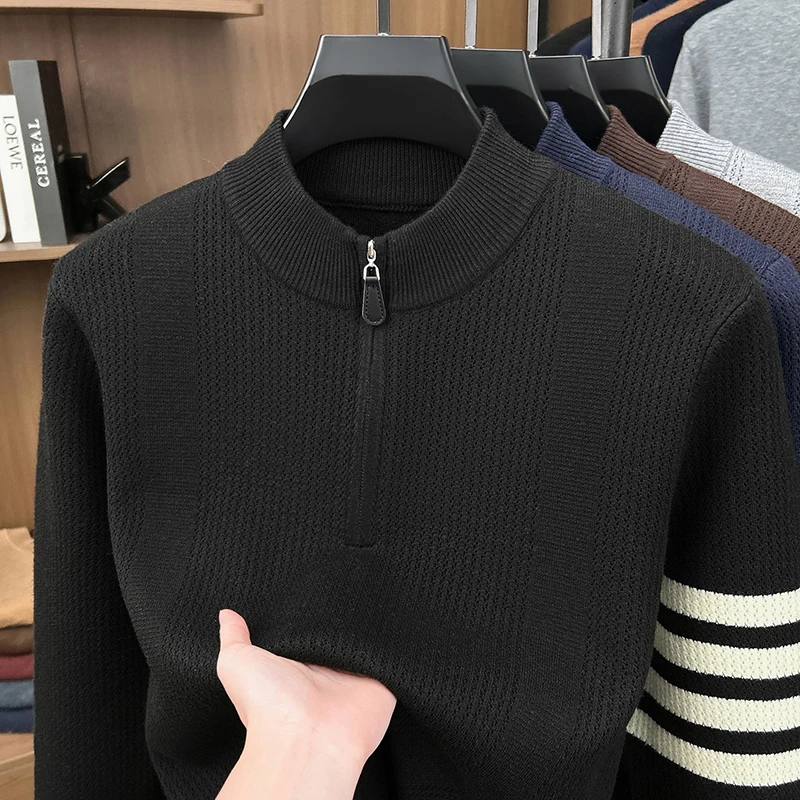 Hochwertiger Herrenpullover Herbst Winter Neuer Reißverschluss Stehkragen Modemarke Klassisches Streifenmuster Koreanischer Casual Jacquard Strickpullover – Detail 9